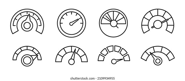 Speedometer linear icon set. Speedometer indicators with arrows. Dashboard, gauge, counter and tachometer. Scale from minimum to maximum. Speed signs. Vector illustration.