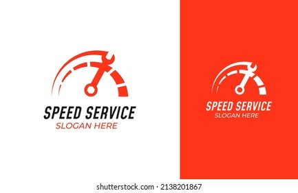 Speedometer logo design. Rpm symbol with spanner icon for maintenance or service concept