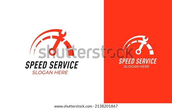 Speedometer logo design. Rpm symbol with\
spanner icon for maintenance or service\
concept