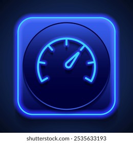 Speedometer logo simple icon vector. Flat design. Blue neon style on button. With shadow.ai