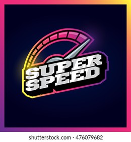 Speedometer max super speed logo. Retro text style emblem