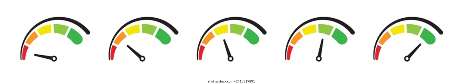 Speedometer meter with arrow with red, orange, yellow, green indicators. Low, medium, high and risk levels. Good, bad, fear and greed index for cryptocurrency and stock market.