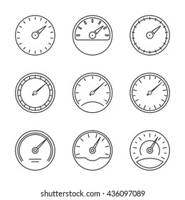 Speedometer and meter icon set in line style. Dashboard outline signs. Vector illustration.