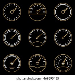 Speedometer and meter icon set in line style. Dashboard outline signs. Vector illustration.