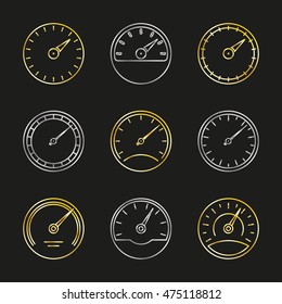 Speedometer and meter outline icon set in line style. Metallic dashboard signs. Vector illustration.