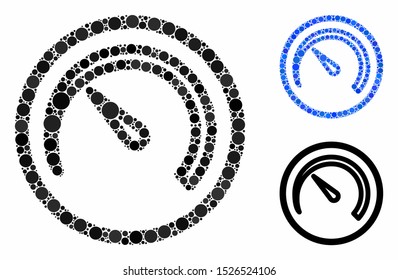 Speedometer mosaic for speedometer icon of small circles in variable sizes and shades. Vector small circles are united into blue mosaic. Dotted speedometer icon in usual and blue versions.