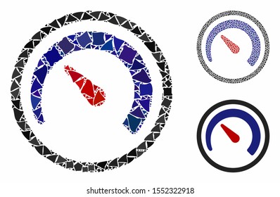 Speedometer mosaic of trembly elements in variable sizes and color tones, based on speedometer icon. Vector rough elements are organized into mosaic. Speedometer icons collage with dotted pattern.