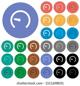 Speedometer multi colored flat icons on round backgrounds. Included white, light and dark icon variations for hover and active status effects, and bonus shades.