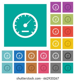 Speedometer multi colored flat icons on plain square backgrounds. Included white and darker icon variations for hover or active effects.