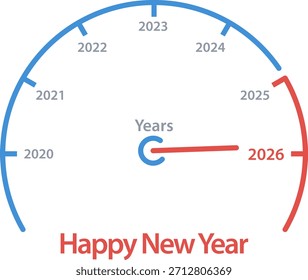 Velocímetro con aguja que se mueve al año 2026. Feliz Año Nuevo y diseño de tarjeta de Feliz Navidad. 2026 Speedometer concepto de año Nuevo. Vector