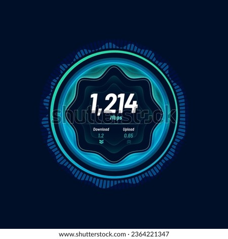 Speedometer neon dial, internet traffic speed gauge dashboard, vector futuristic interface. Internet traffic fast test meter of digital network and website connection for download or upload Mbps gauge