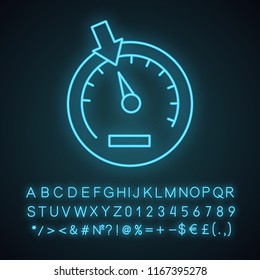 Speedometer neon light icon. Dashboard. Car instrument panel. Glowing sign with alphabet, numbers and symbols. Vector isolated illustration