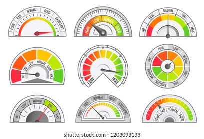 Speedometer and odometer scales and pointers isolated icons set vector. Tachometer for measurement of speed and kilometers, miles measuring instrument