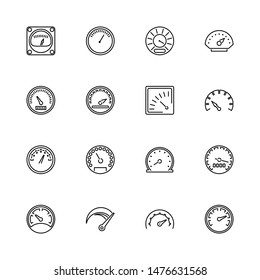 Speedometer, Odometer, Tachometer outline icons set Black symbol on white background. Speedometer, Odometer Simple Illustration Symbol lined simplicity Sign. Flat Vector thin line Icon editable stroke