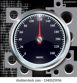 Speedometer on abstract geometric background. Round black caliber with chrome frame. Vector 3d illustration for your design.