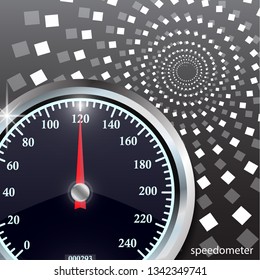 Speedometer on abstract geometric background. Round black caliber with chrome frame. Vector 3d illustration for your design.