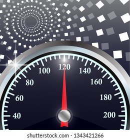 Speedometer on abstract geometric background. Round black caliber with chrome frame. Vector 3d illustration for your design.
