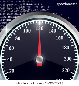 Speedometer on blue abstract background. Round black caliber with chrome frame. Bright white speed indicators. Vector 3d illustration for your design.