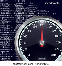 Speedometer on blue abstract background. Round black caliber with chrome frame. Bright white speed indicators. Vector 3d illustration for your design.