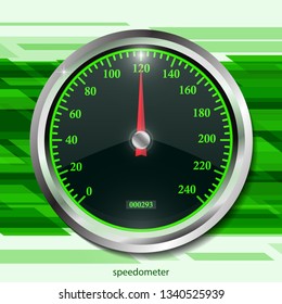 Speedometer on color abstract geometric background. Round black caliber with chrome frame. Bright neon speed indicators. Vector 3d illustration for your design.