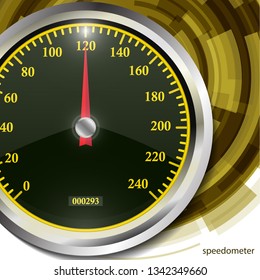 Speedometer on color abstract geometric background. Round black caliber with chrome frame. Bright neon speed indicators. Vector 3d illustration for your design.
