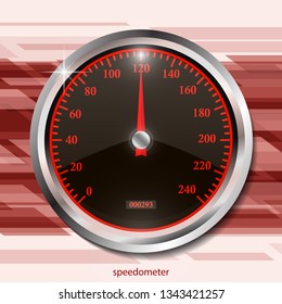 Speedometer on color abstract geometric background. Round black caliber with chrome frame. Bright neon speed indicators. Vector 3d illustration for your design.