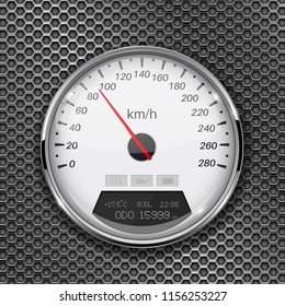 Speedometer on metal perforated background. 90 km per hour. Vector 3d illustration