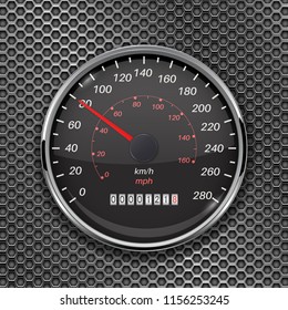 Speedometer on metal perforated background. 80 km per hour. Vector 3d illustration