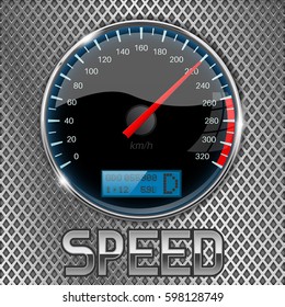 Speedometer on metal perforated background. Vector 3d illustration