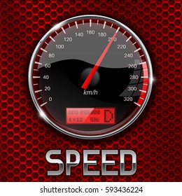 Speedometer on red perforated background. Vector 3d illustration