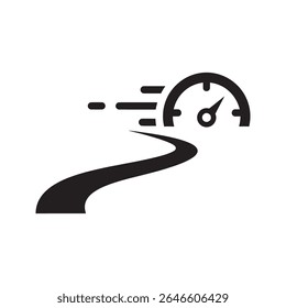 Speedometer on a road icon representing fast driving performance measurement and vehicle velocity for a quick journey and automobile race track vector solid glyph icon