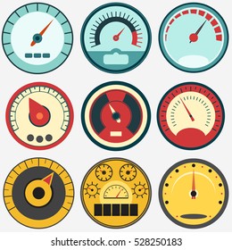 Speedometer panel set, speed control measure element with accelerate scale, pressure indicator tool. Vector