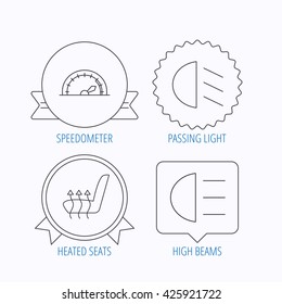 Speedometer, passing fog lights and heated seat icons. High beams linear sign. Award medal, star label and speech bubble designs. Vector