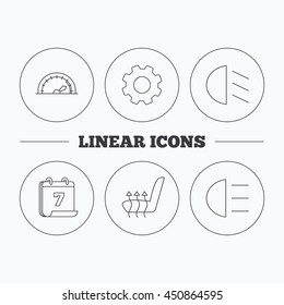 Speedometer, passing fog lights and heated seat icons. High beams linear sign. Flat cogwheel and calendar symbols. Linear icons in circle buttons. Vector