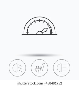 Speedometer, passing fog lights and heated seat icons. High beams linear sign. Linear icons in circle buttons. Flat web symbols. Vector