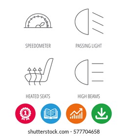 Speedometer, passing fog lights and heated seat icons. High beams linear sign. Award medal, growth chart and opened book web icons. Download arrow. Vector