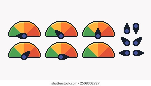 Conjunto de arte em pixels do velocímetro. Exibição e coleção de setas. Indicador de interface de 8 bits. Desenvolvimento de jogos, aplicativo móvel. Ilustração isolada de vetor. 