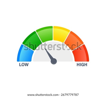 Speedometer pointing low value in colorful performance measurement scale
