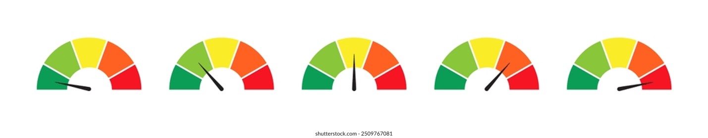 Speedometer rating. Customers indicators of satisfaction. Risk meter icon set. Scale Low, Medium or High risk on speedometer. Risk concept on speedometer. Set of gauges from low to high. 