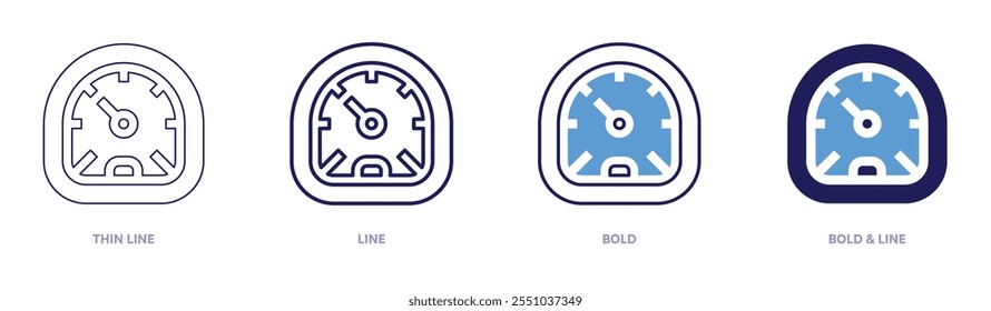 Speedometer reading icon in 4 different styles. Thin Line, Line, Bold, and Bold Line. Duotone style. Editable stroke.