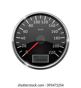 Speedometer. Realistic illustration, with chrome frame. Vector isolated on white background
