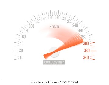 Speedometer with red arrow sweeping off-scale isolated on white background, vector.