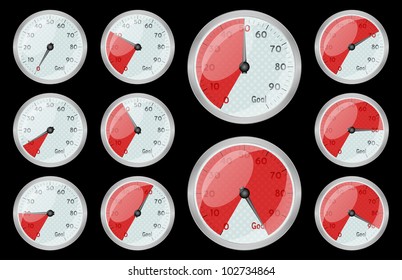 Speedometer red graphic showing progress towards goal on black, vector, 10eps.