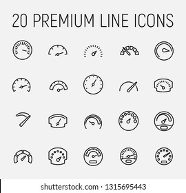 Speedometer related vector icon set. Well-crafted sign in thin line style with editable stroke. Vector symbols isolated on a white background. Simple pictograms.