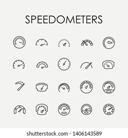 Speedometer related vector icon set. Well-crafted sign in thin line style with editable stroke. Vector symbols isolated on a white background. Simple pictograms.