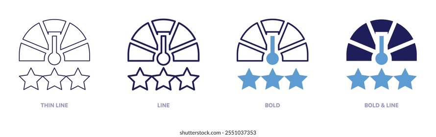 Speedometer reviews icon in 4 different styles. Thin Line, Line, Bold, and Bold Line. Duotone style. Editable stroke.