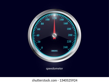 Speedometer. Round black caliber with chrome frame. Bright neon speed indicators. Vector 3d illustration for your design.