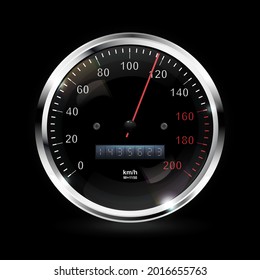 Speedometer. Round black caliber with chrome bezel. Vector 3d illustration