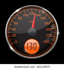 Speedometer. Round black gauge with chrome frame. Vector 3d illustration on black background
