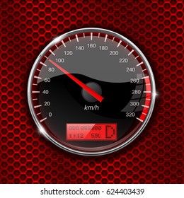 Speedometer. Round black gauge with chrome frame on red perforated background. Vector 3d illustration
